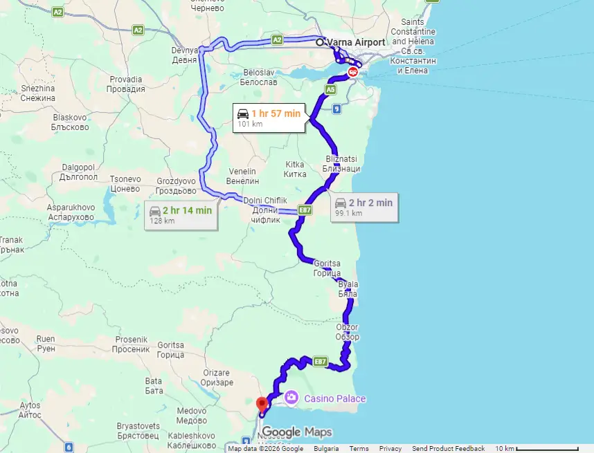 Transfer vom Flughafen Varna (VAR) nach Sonnenstrand - Straßenkarte entlang der I-9